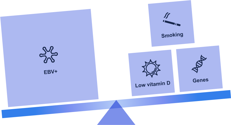 Illustration of a scale with a large EBV+ box on the left side and three smaller boxes on the right side that contain: Smoking, Low vitamin D, and Genes.